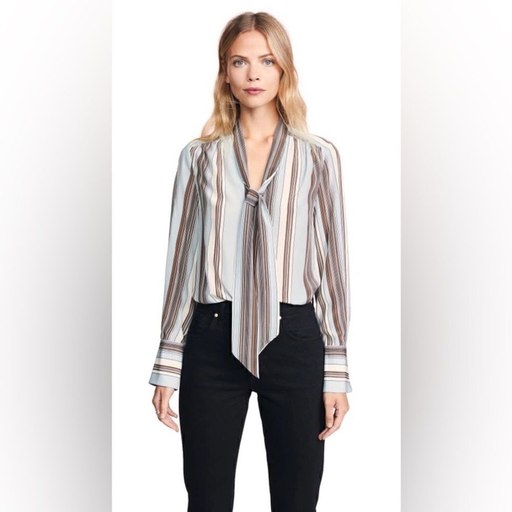Elizabeth and James Mimi Neck-Tie Stripe Silk Blouse in Dust Multi Size XS